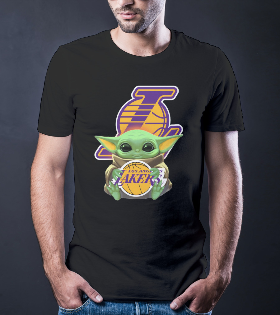 Los Angeles Lakers Baby Yoda Holding Basketball T-Shirt