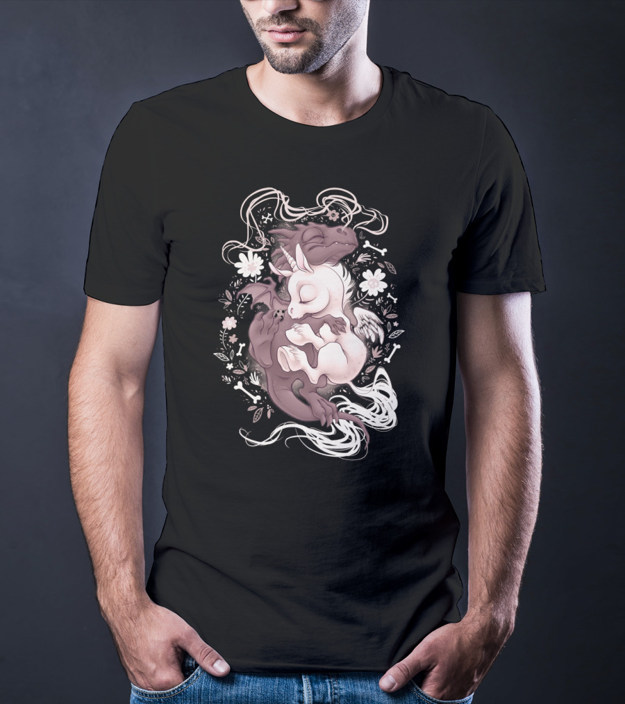 DRAGON UNICORN SLEEPING EMBRACE WITH FLOWERS AND BONES T-Shirt