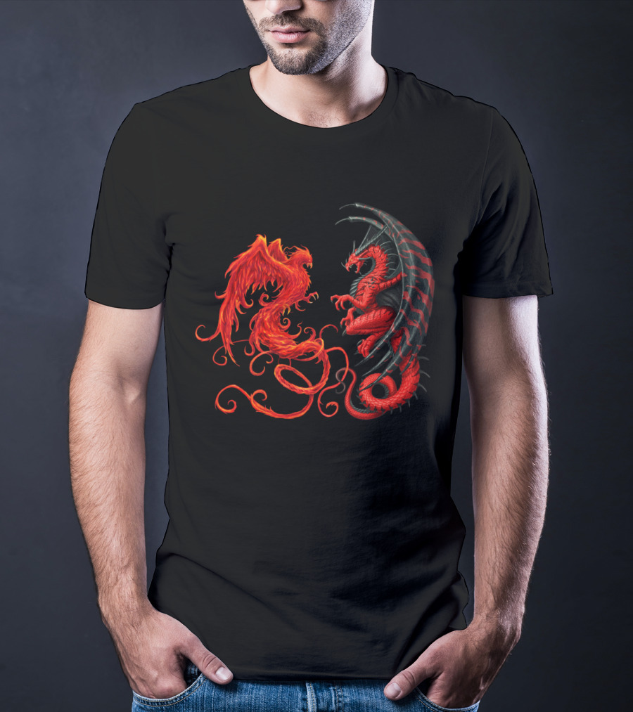DRAGON AND PHOENIX SYMBOLS IN RED AND BLACK ENCOUNTER T-Shirt