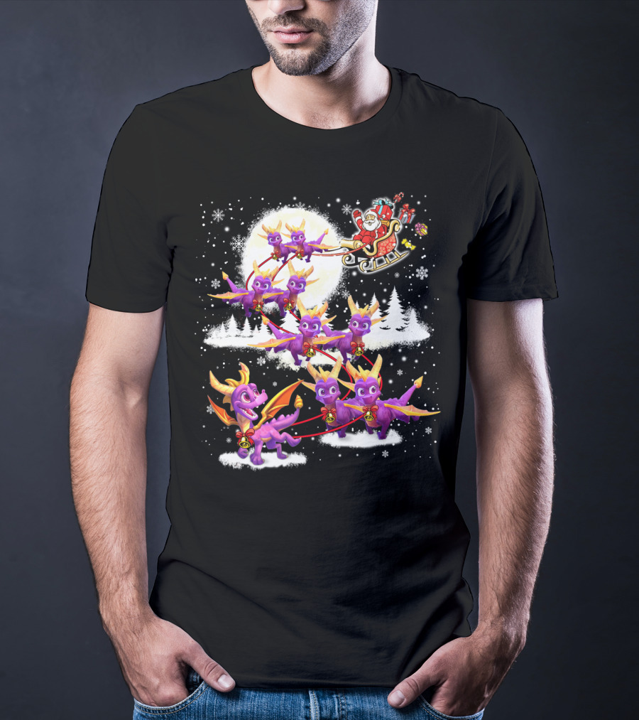 Santa's Sleigh Pulled By Purple Dragon Reindeer T-Shirt