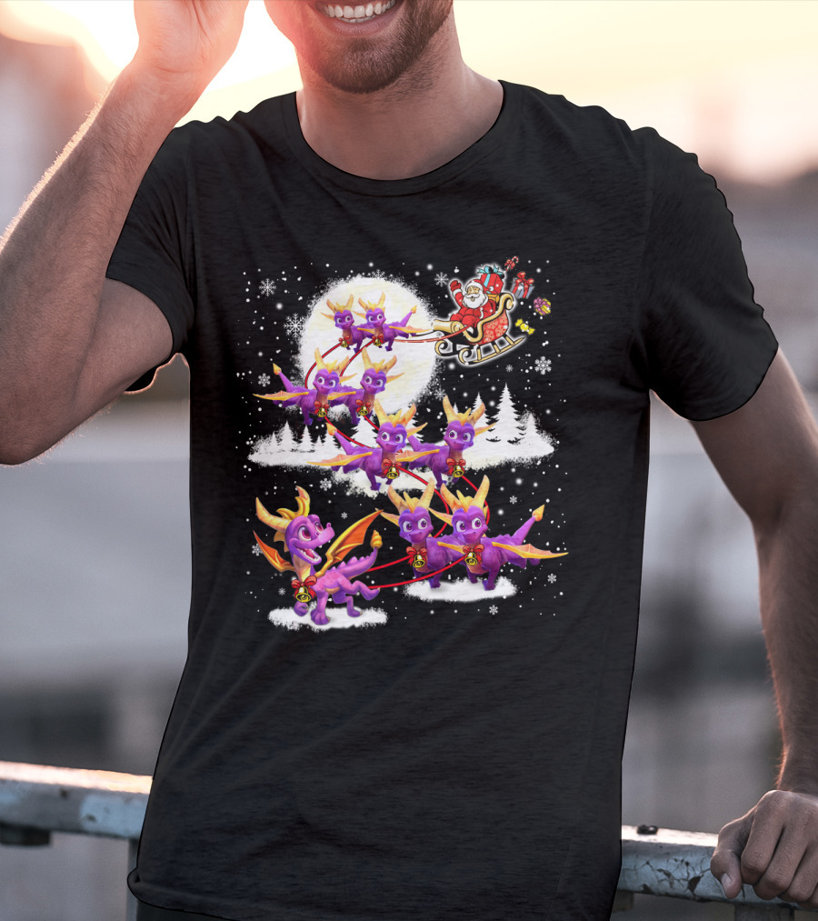 Santa's Sleigh Pulled By Purple Dragon Reindeer T-Shirt