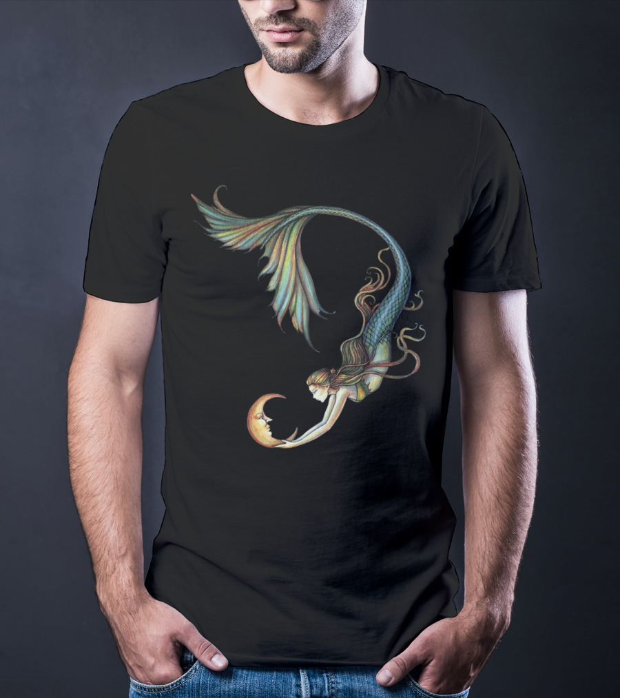 Mermaid Embrace With Smiling Crescent Moon T-Shirt