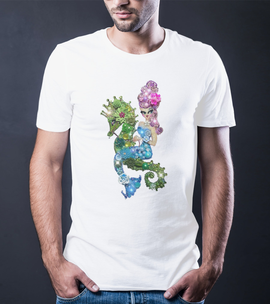 Mermaid Riding A Seahorse Jewel Embellished Fantasy Creature T-Shirt