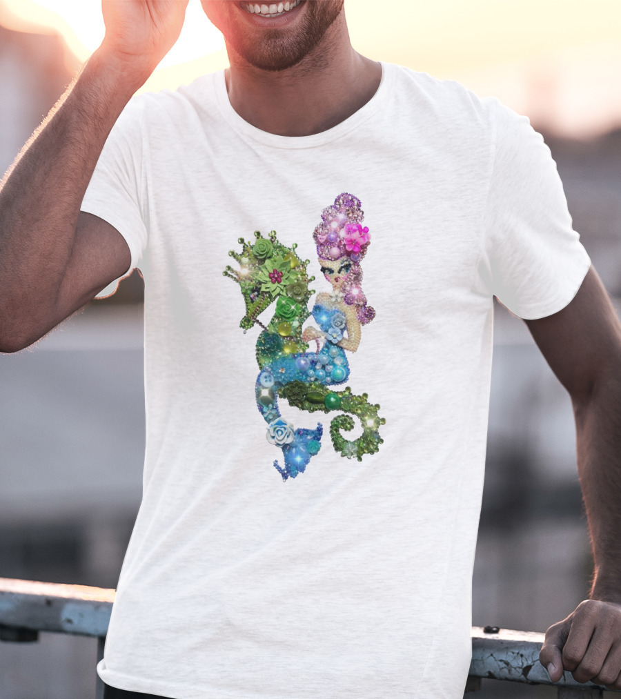 Mermaid Riding A Seahorse Jewel Embellished Fantasy Creature T-Shirt