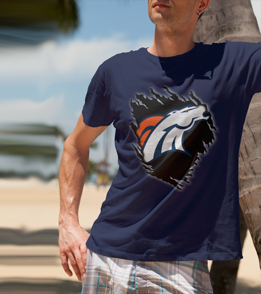 Denver Broncos Ripped Torn Logo Peeling Illusion Dark Blue T-Shirt