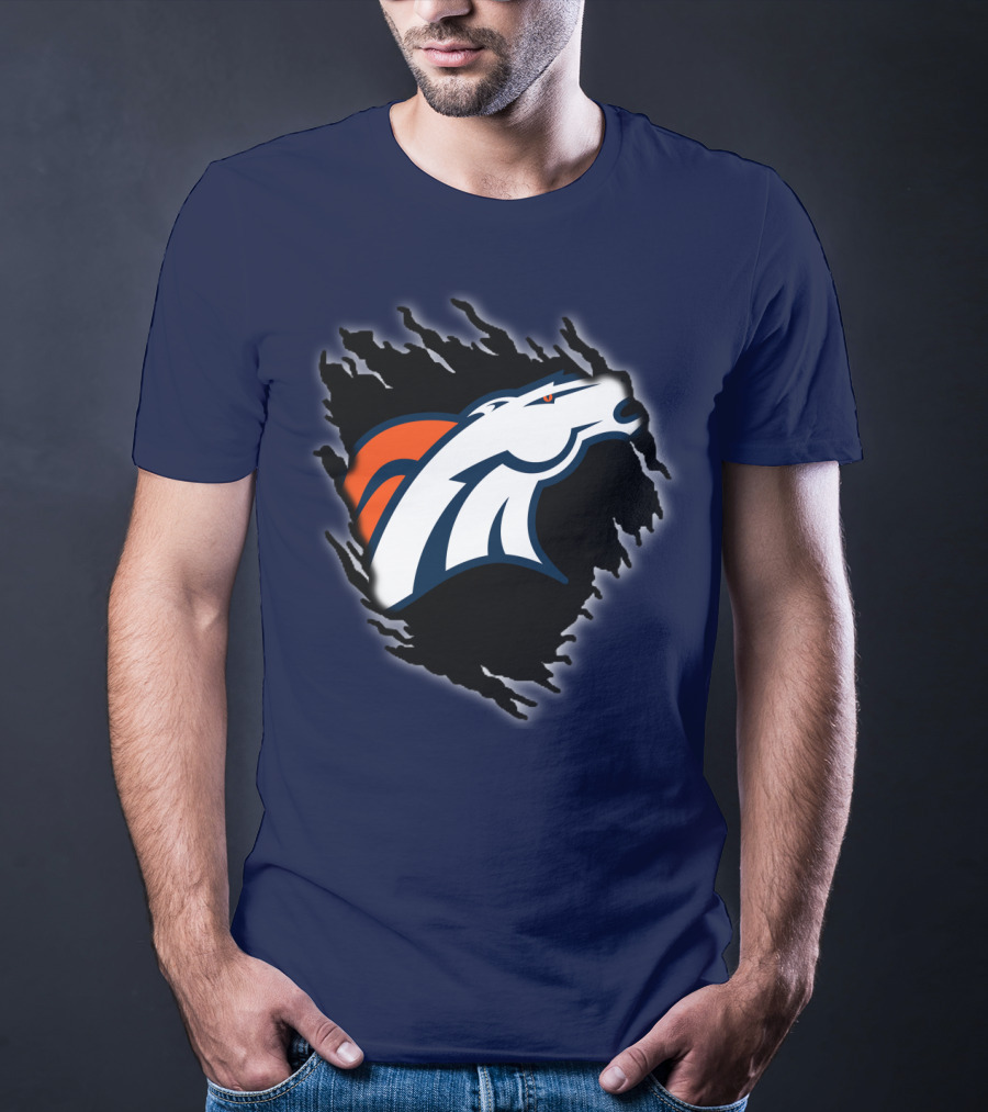 Denver Broncos Ripped Torn Logo Peeling Illusion Dark Blue T-Shirt