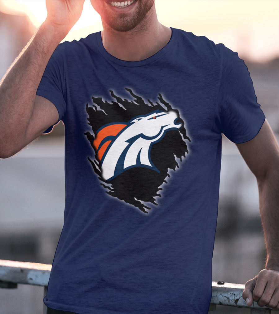 Denver Broncos Ripped Torn Logo Peeling Illusion Dark Blue T-Shirt