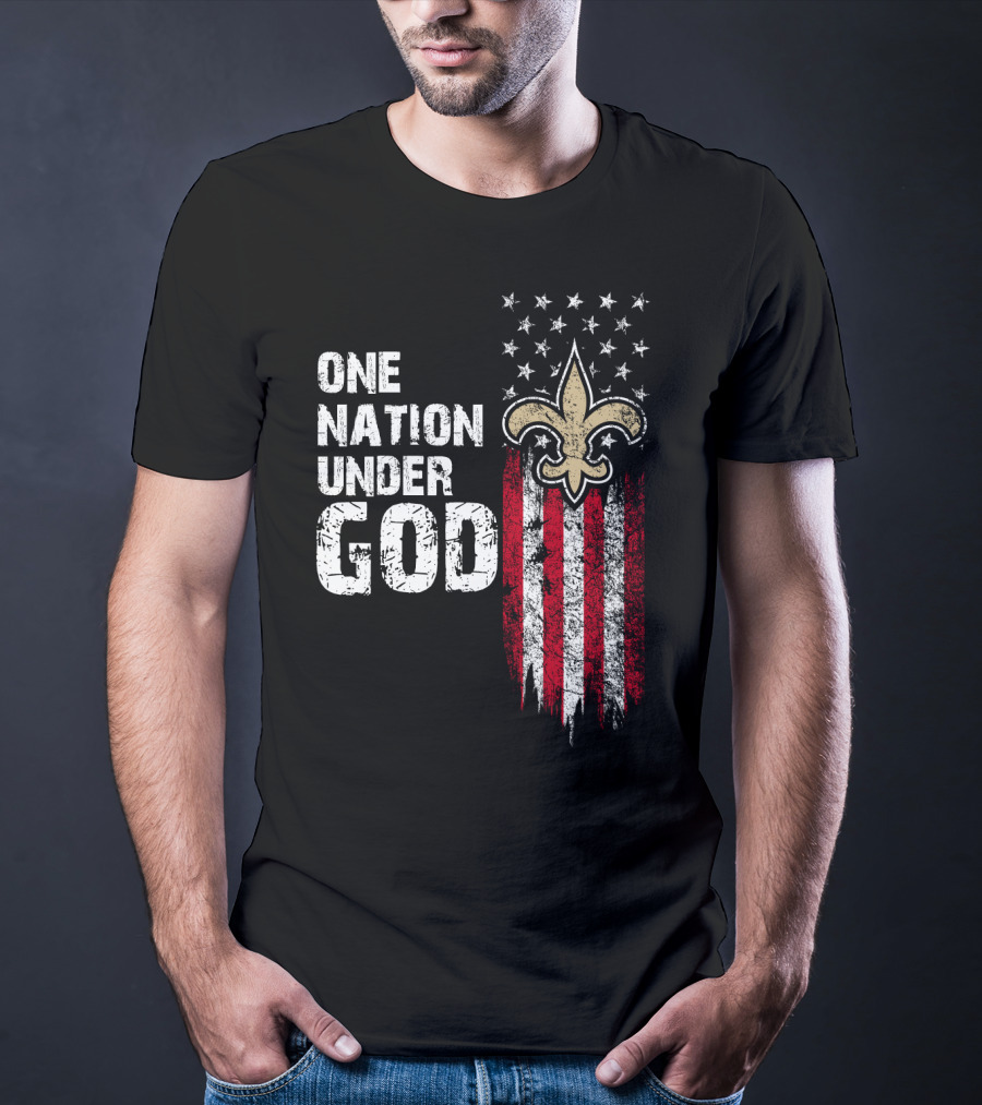 One Nation Under God New Orleans Saints Fleur-De-Lis American Flag Stars T-Shirt