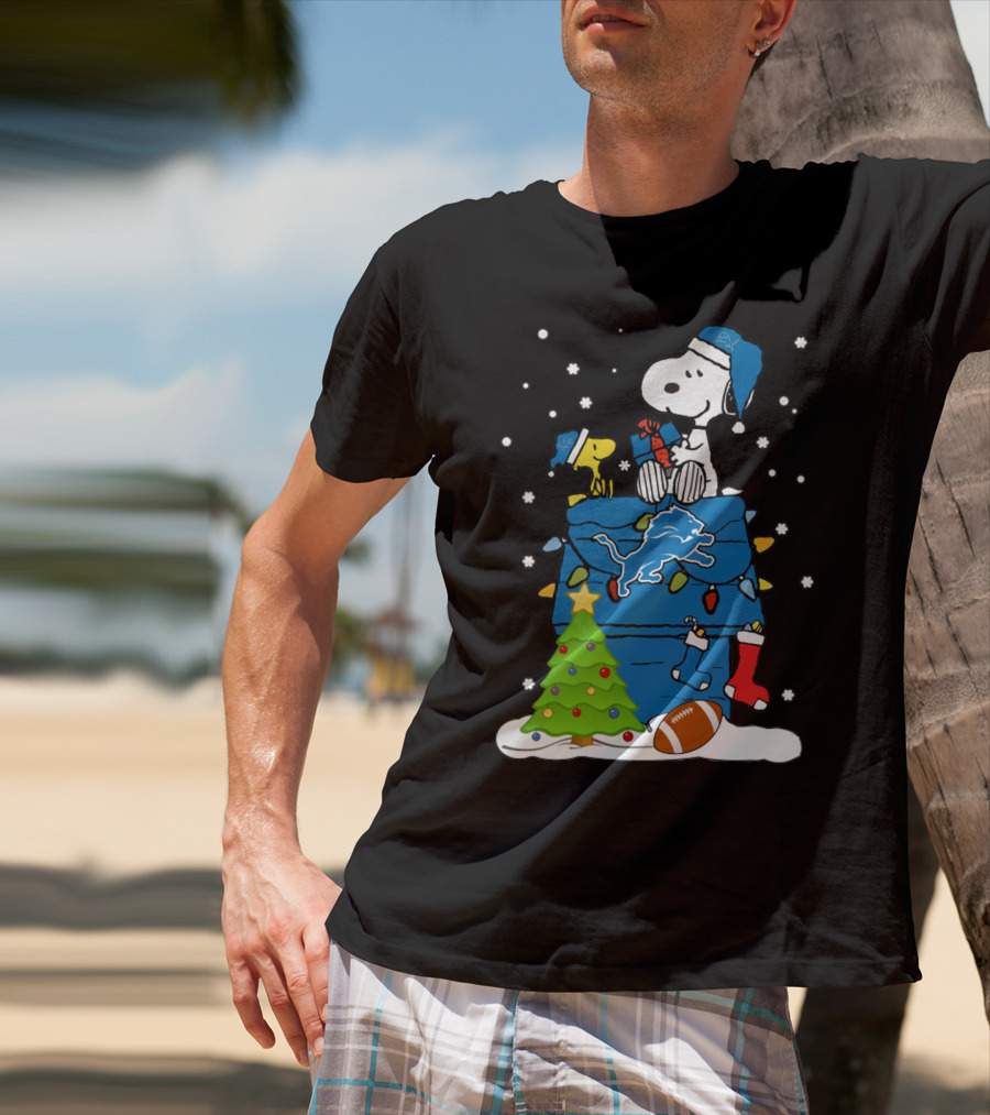 Detroit Lions Snoopy Christmas Football House With Tree And Stockings T-Shirt