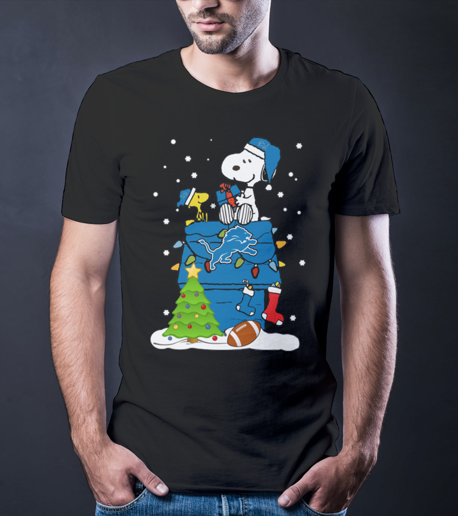 Detroit Lions Snoopy Christmas Football House With Tree And Stockings T-Shirt