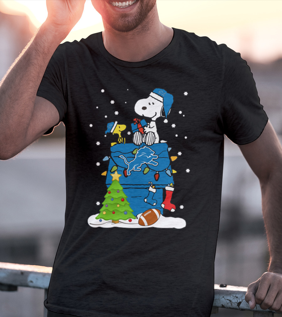 Detroit Lions Snoopy Christmas Football House With Tree And Stockings T-Shirt