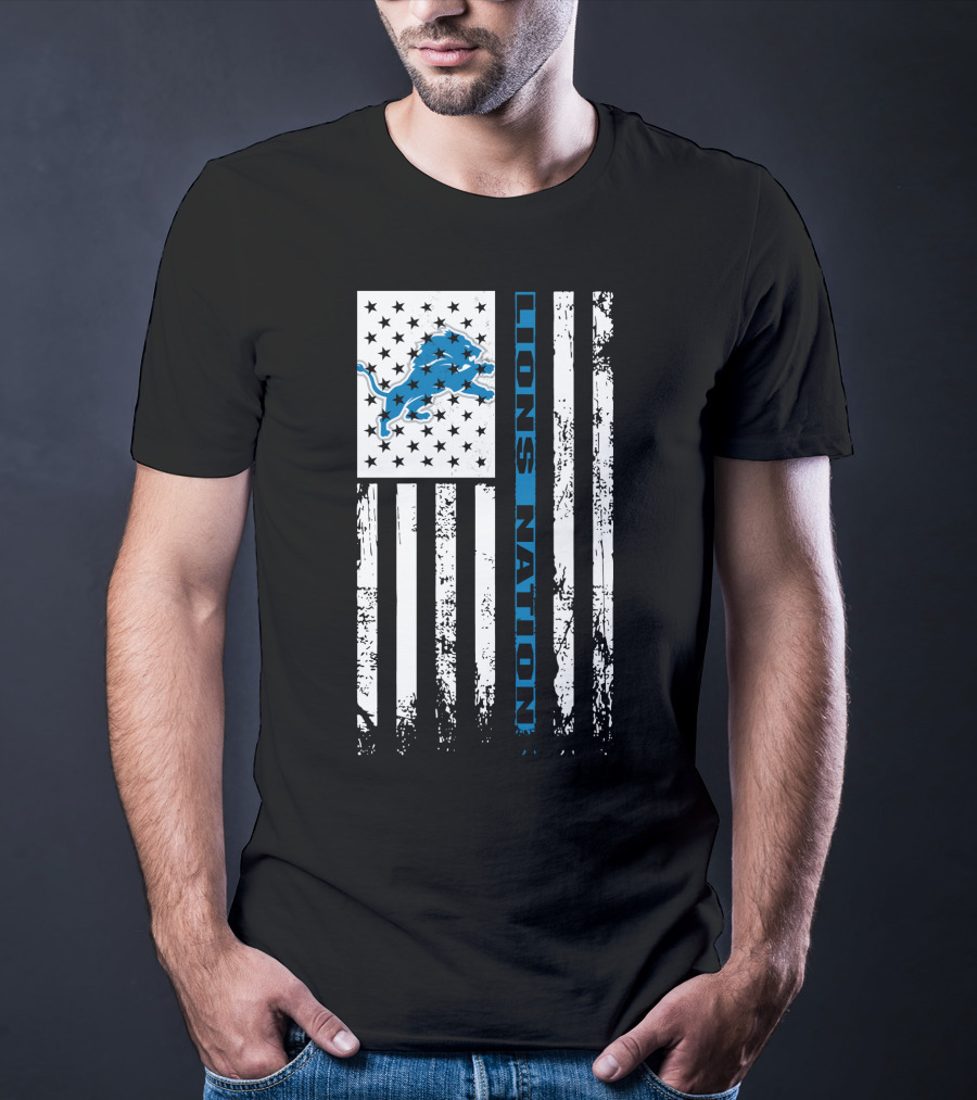 Detroit Lions Nation Flag Design With Blue Lion And Stars T-Shirt