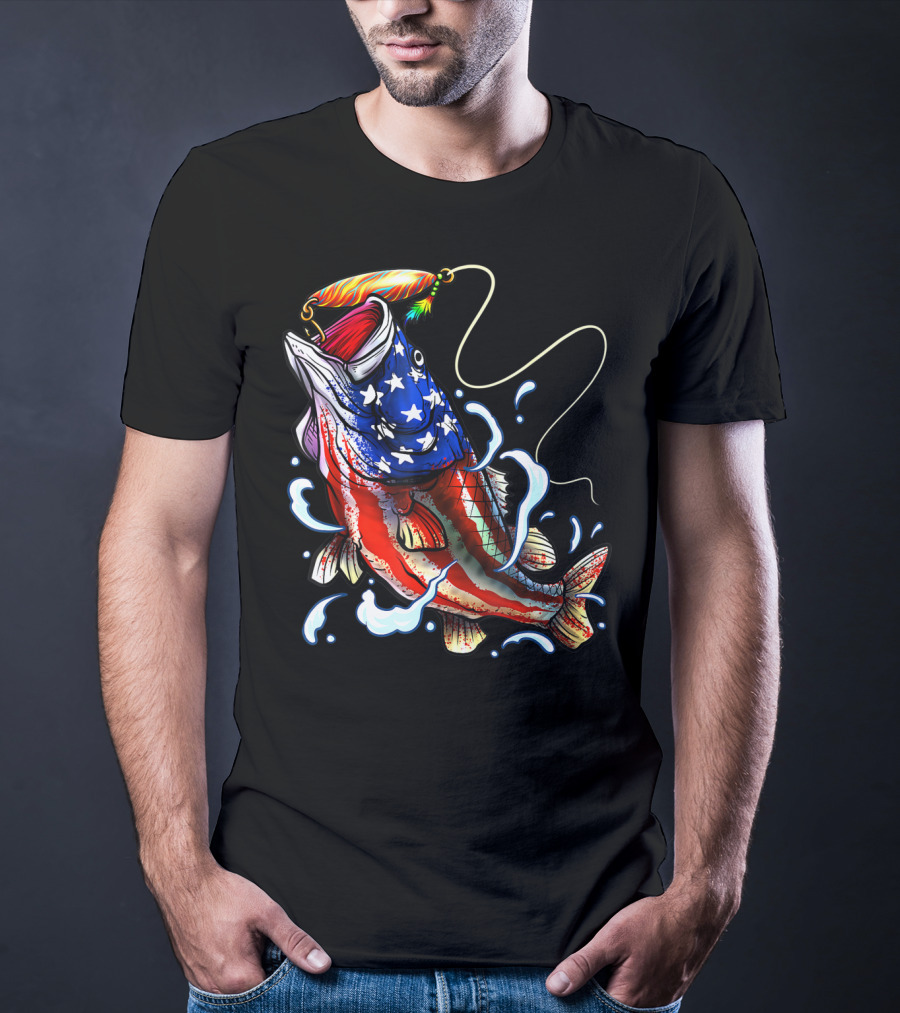 Bass Fishing Angler Dad With American Flag T-Shirt
