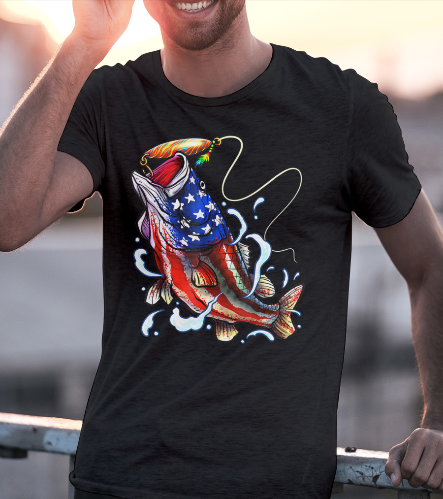 Bass Fishing Angler Dad With American Flag T-Shirt