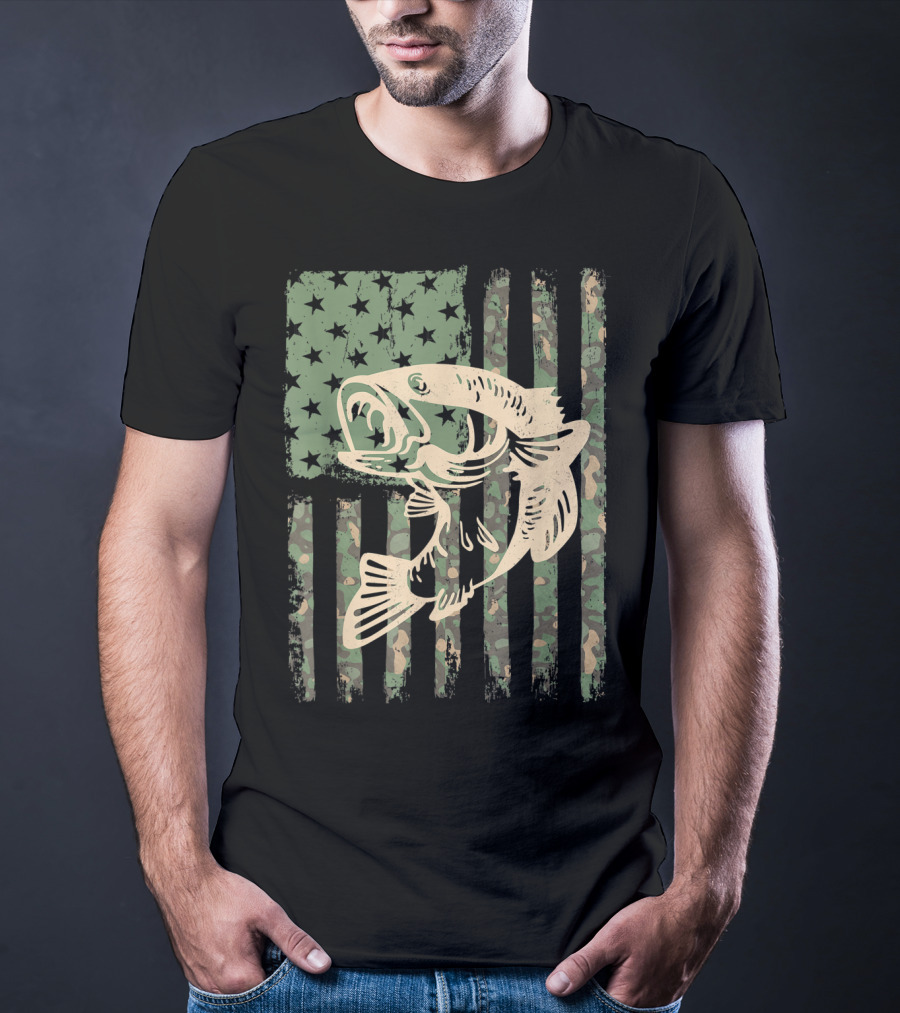 Camouflage USA Flag Big Mouth Bass Fishing T-Shirt