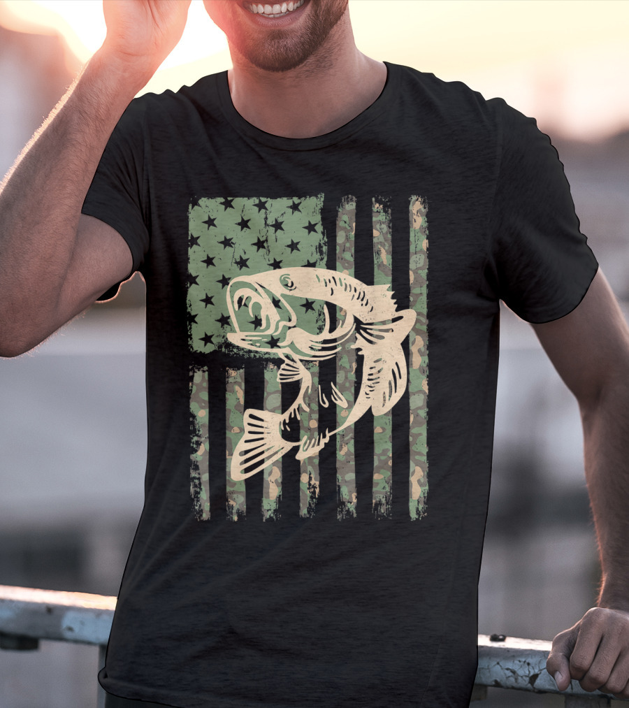 Camouflage USA Flag Big Mouth Bass Fishing T-Shirt