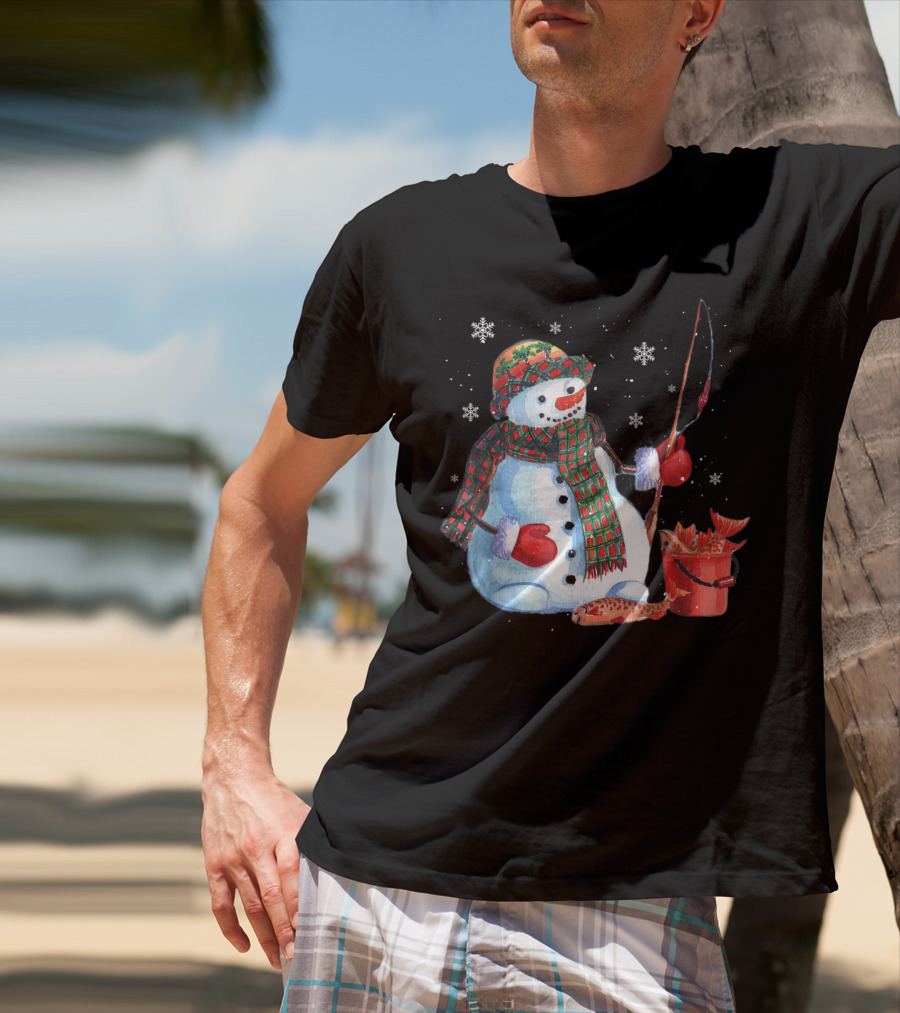 Merry Christmas Fishing Snowman With Fish And Snowflakes For Fishing Lovers T-Shirt
