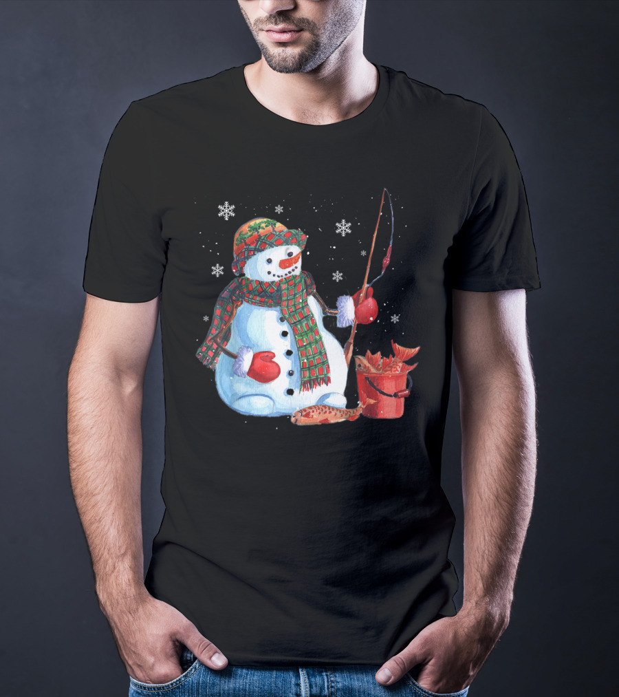 Merry Christmas Fishing Snowman With Fish And Snowflakes For Fishing Lovers T-Shirt