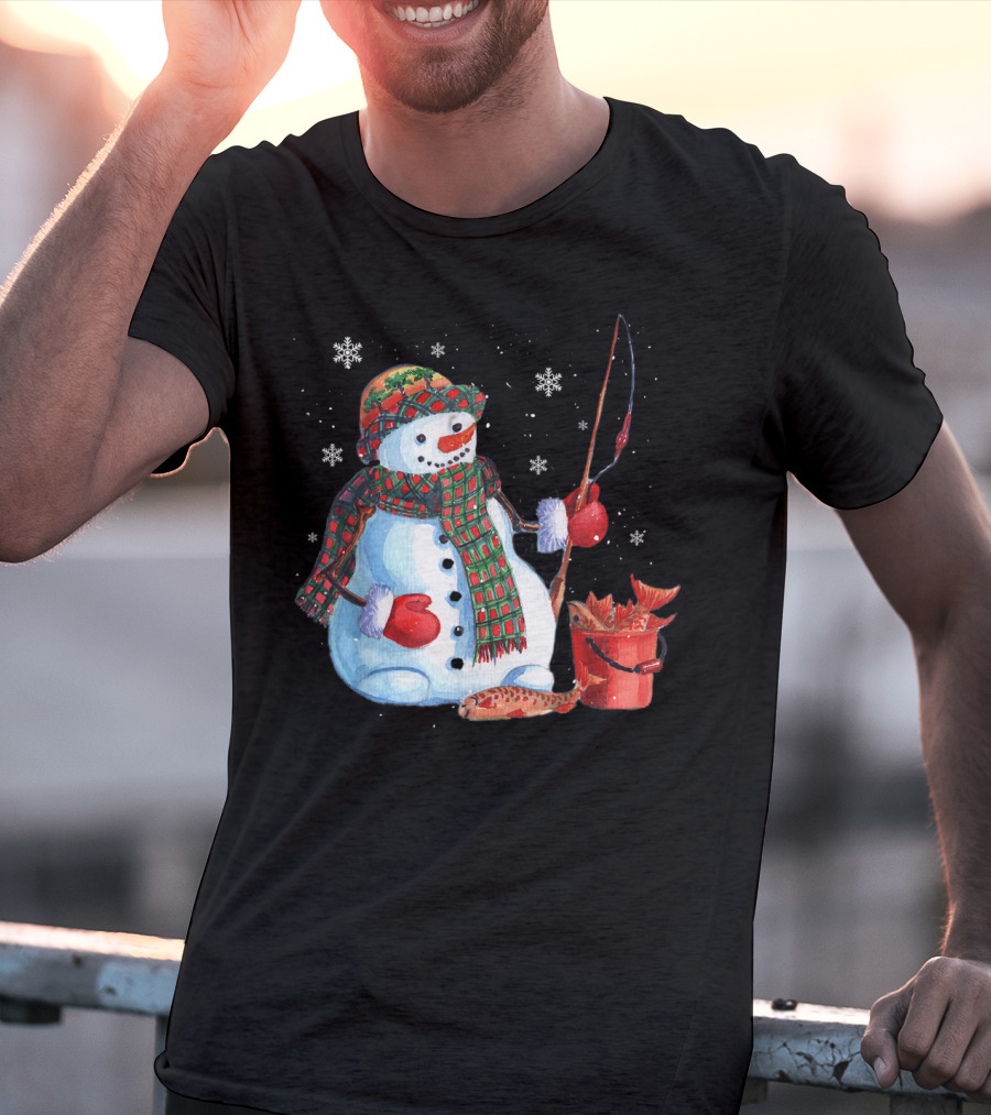 Merry Christmas Fishing Snowman With Fish And Snowflakes For Fishing Lovers T-Shirt
