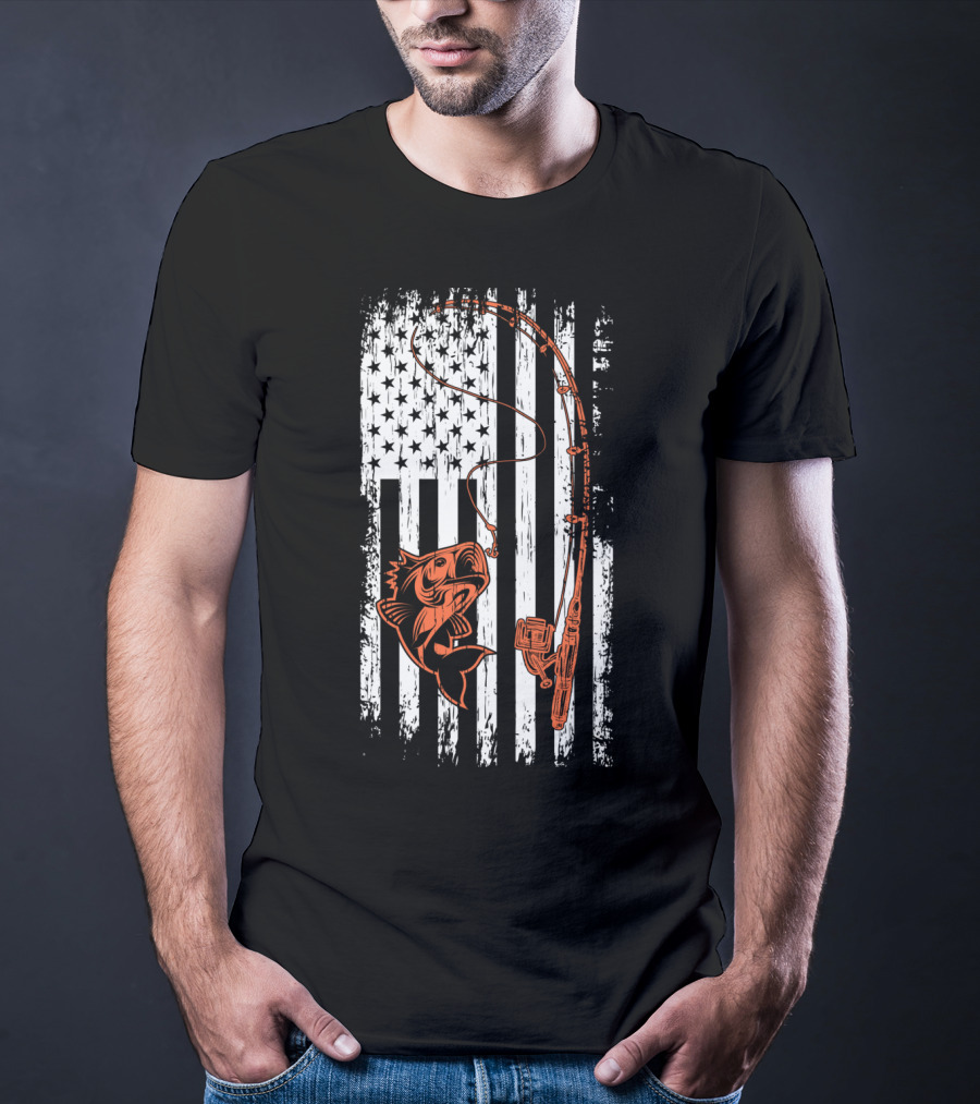 USA Fishing Flag Bass And Rod American Flag T-Shirt