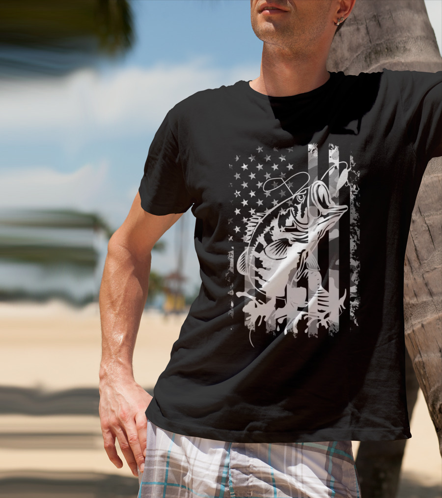 USA Flag Camouflage Bass Fishing T-Shirt