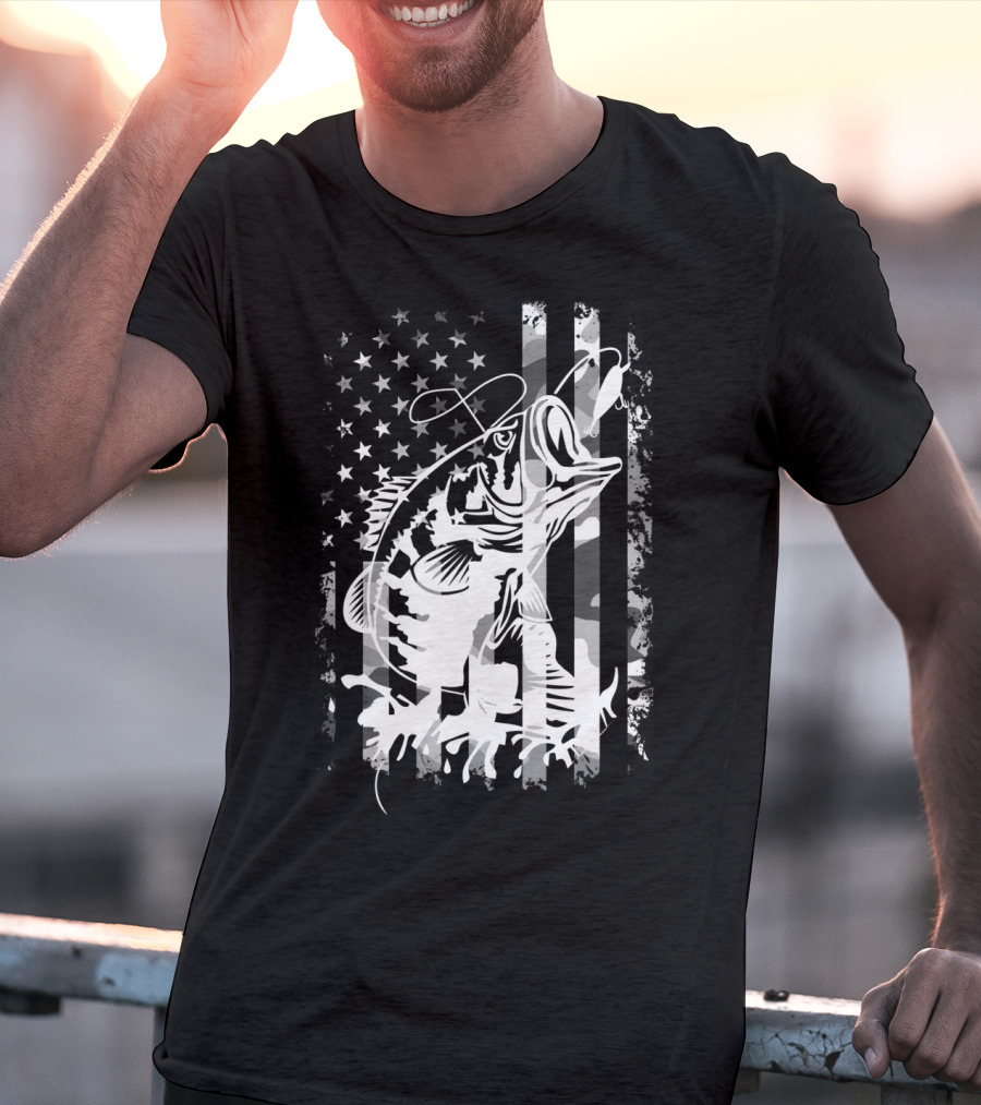 USA Flag Camouflage Bass Fishing T-Shirt