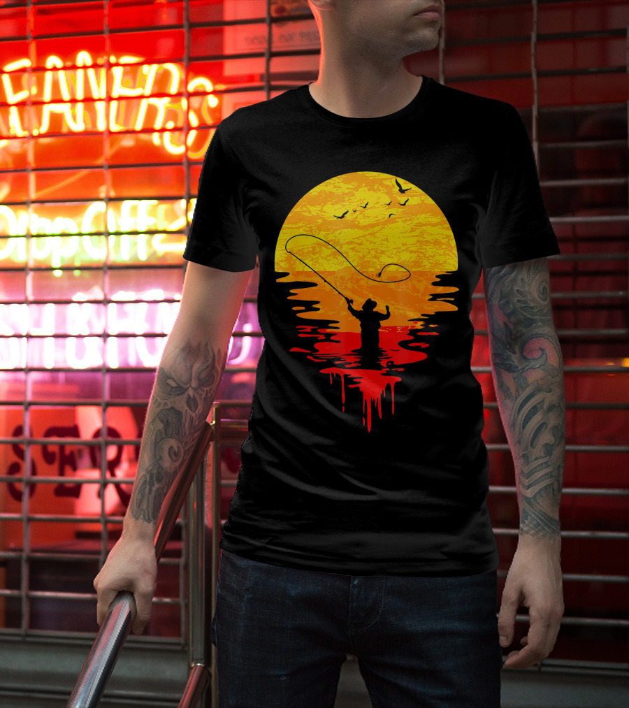 Fly Fishing At Sunset Vintage Style Silhouette With Birds T-Shirt