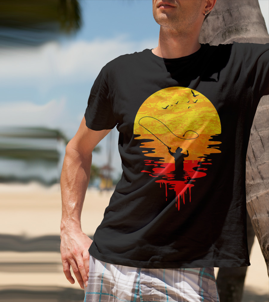 Fly Fishing At Sunset Vintage Style Silhouette With Birds T-Shirt