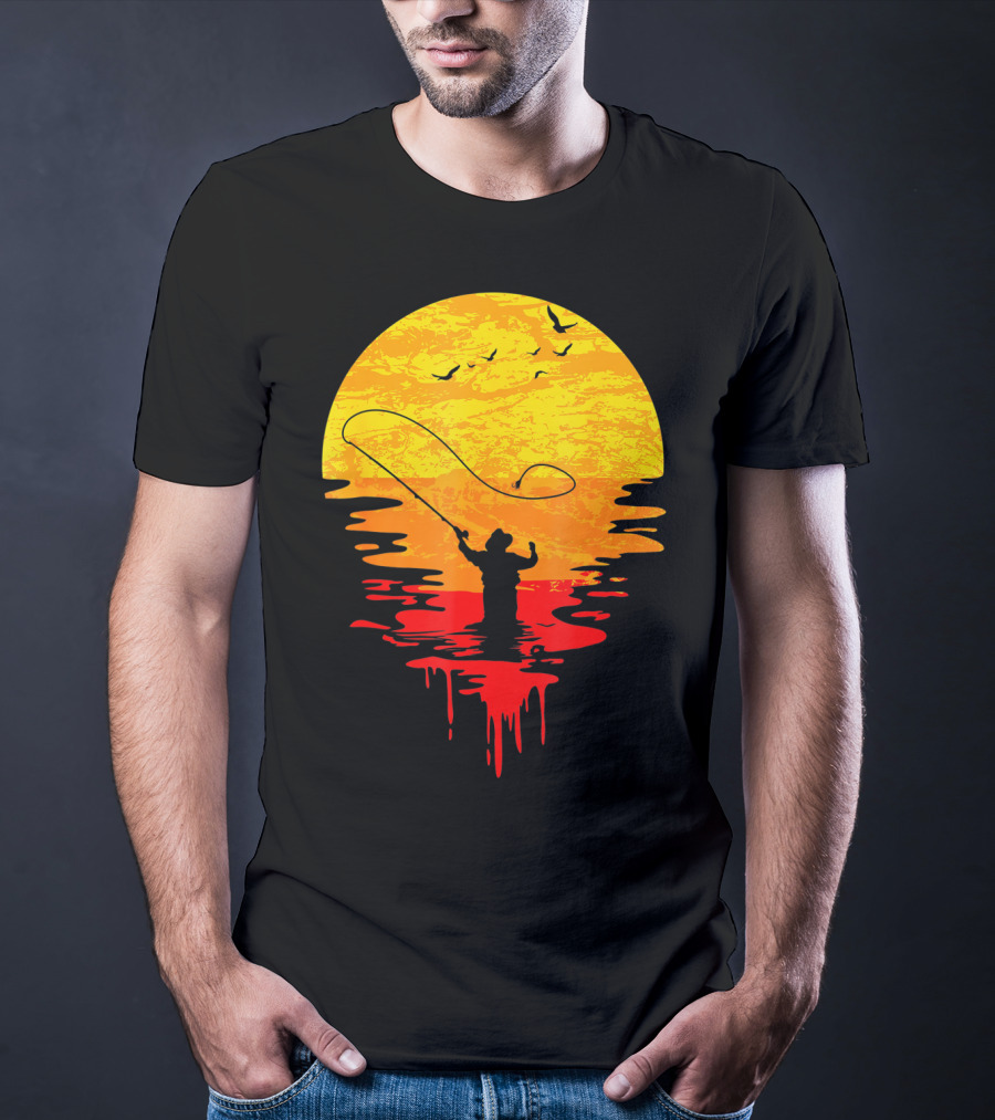 Fly Fishing At Sunset Vintage Style Silhouette With Birds T-Shirt