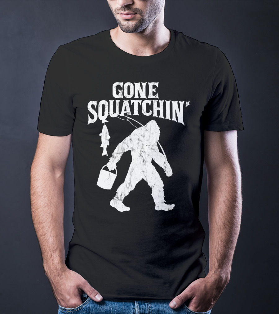 Gone Squatchin Bigfoot Fishing Pole Bucket Fish T-Shirt