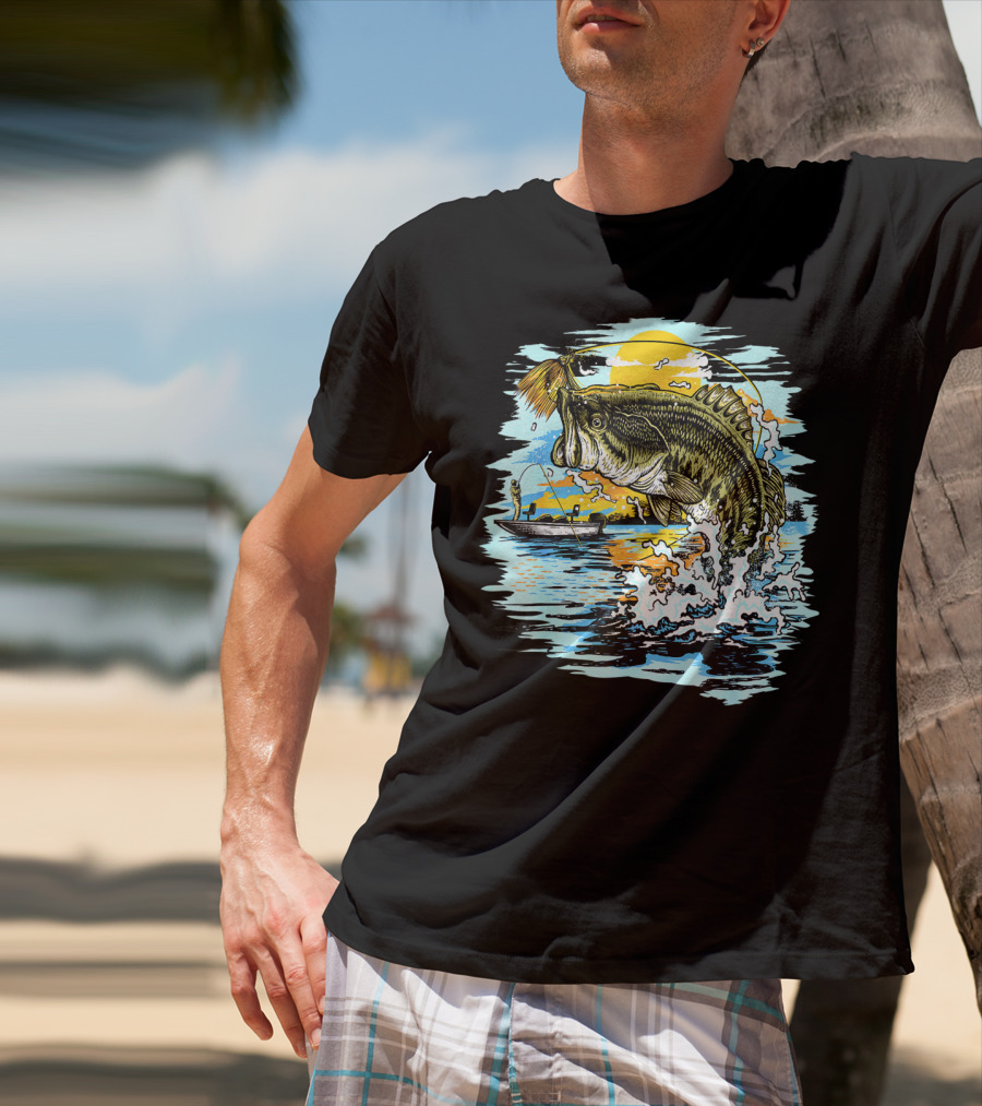 Large Mouth Bass Catching Fly Fishing Adventure In Scenic Lake Sunrise T-Shirt