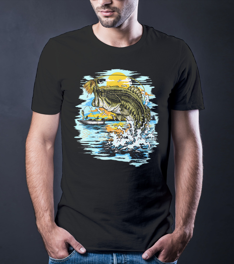 Large Mouth Bass Catching Fly Fishing Adventure In Scenic Lake Sunrise T-Shirt