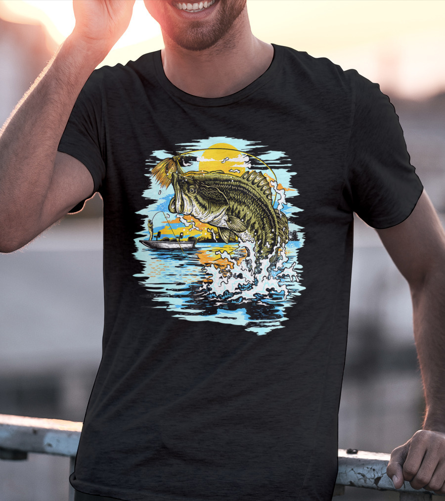 Large Mouth Bass Catching Fly Fishing Adventure In Scenic Lake Sunrise T-Shirt