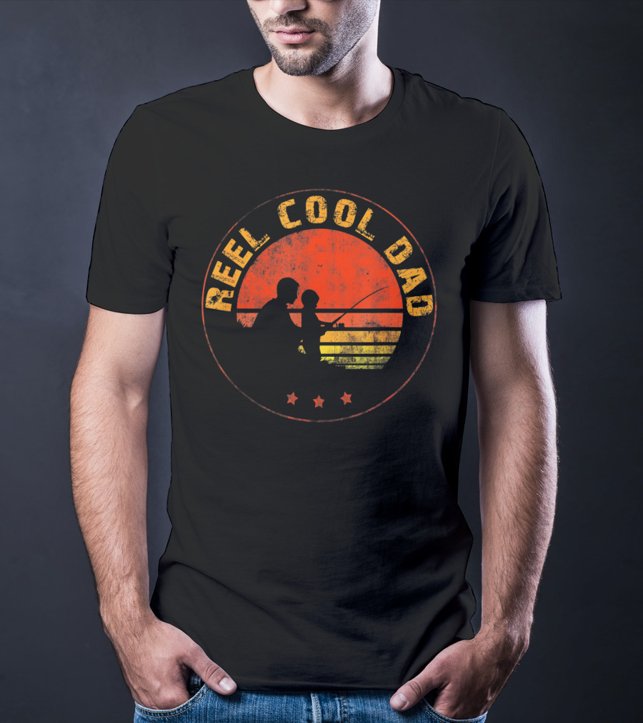 Reel Cool Dad Vintage Sunset Fishing Father And Child T-Shirt