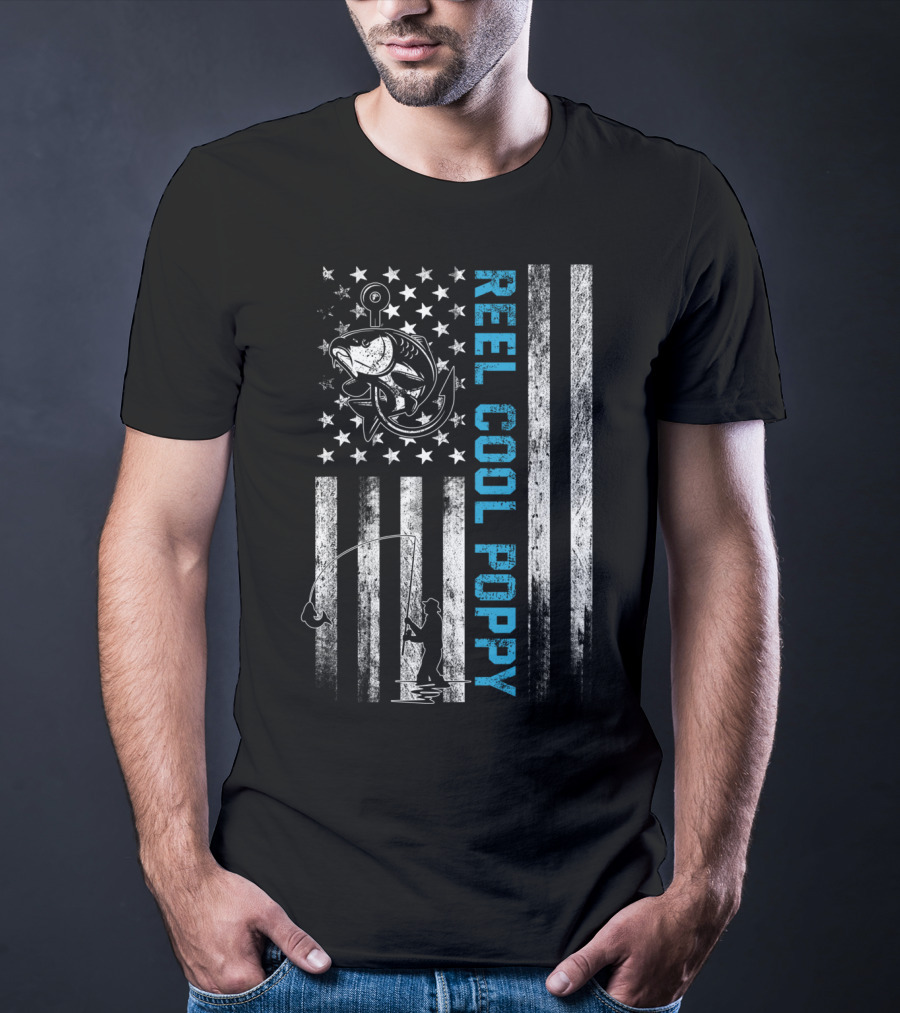 Reel Cool Poppy American Flag Fishing Fish Stars Stripes T-Shirt