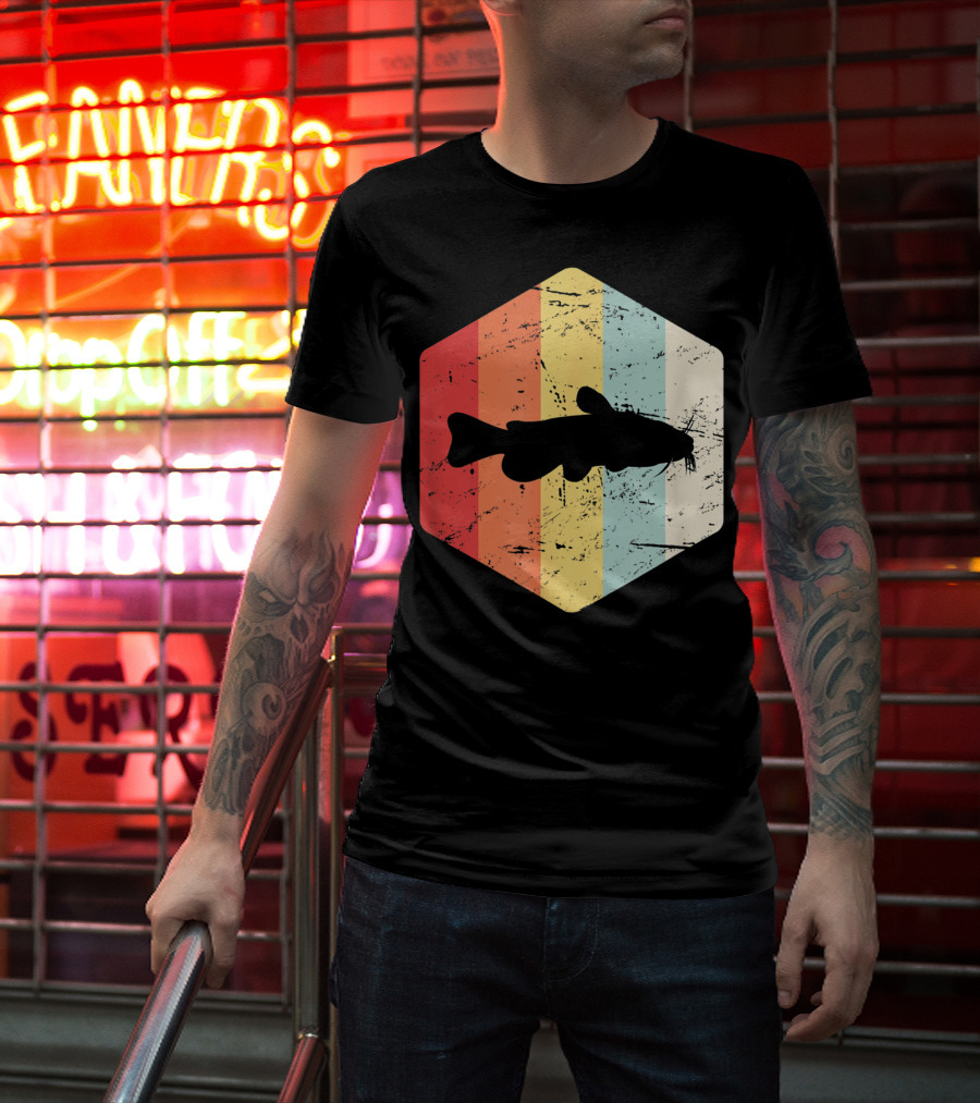 Retro Vintage Catfish Fresh Water Fish Fishing Stripes T-Shirt