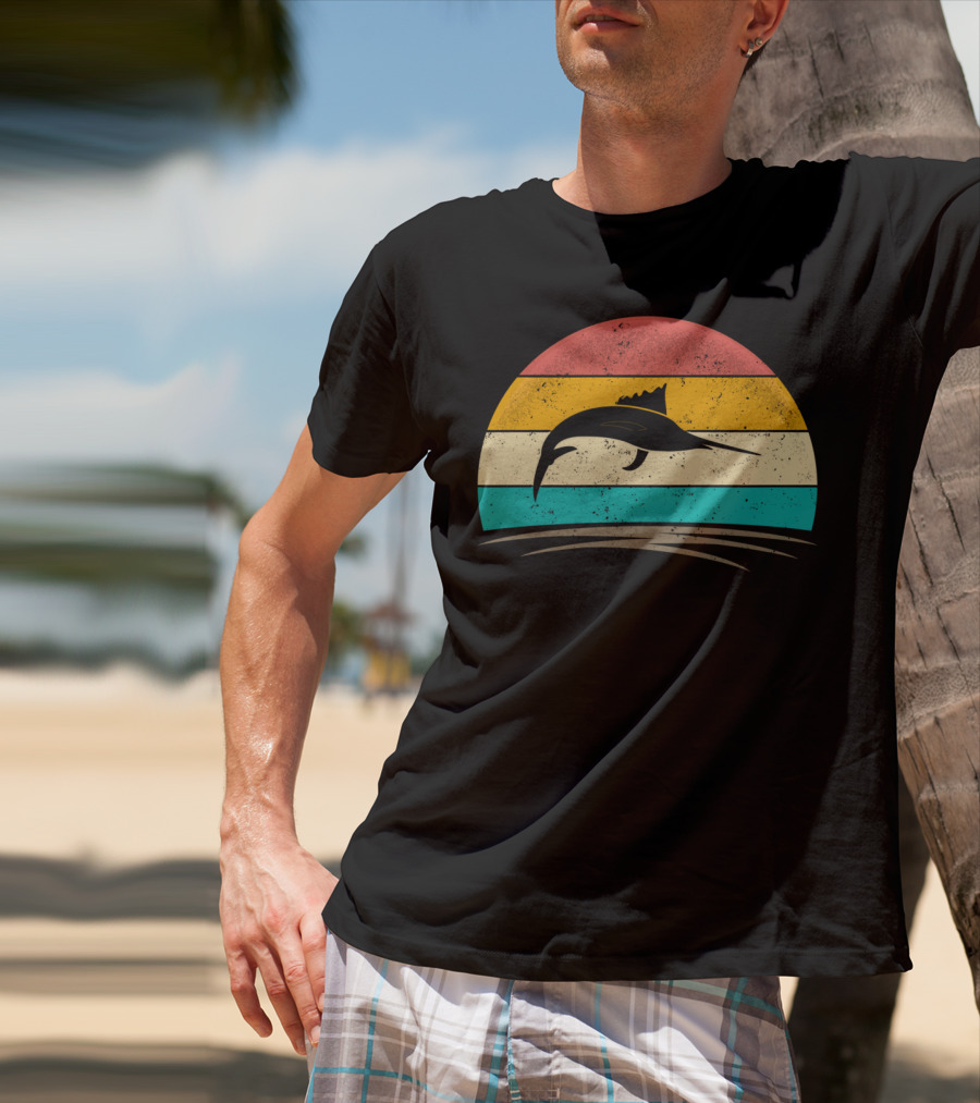 Swordfish Vintage 70s Deep Sea Fishing Retro Sunset T-Shirt