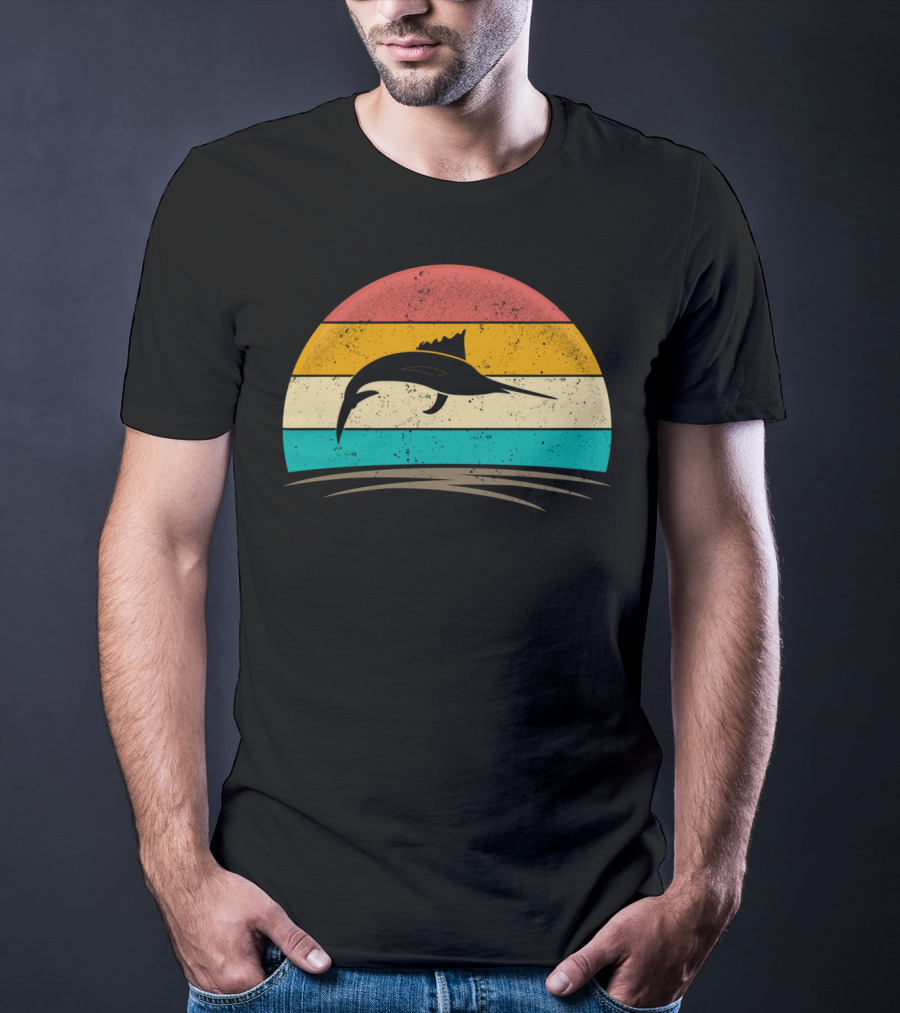 Swordfish Vintage 70s Deep Sea Fishing Retro Sunset T-Shirt