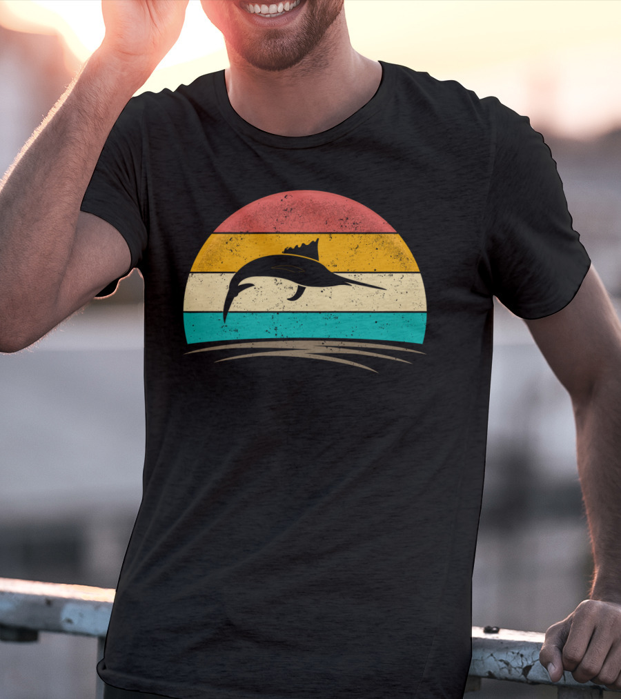 Swordfish Vintage 70s Deep Sea Fishing Retro Sunset T-Shirt