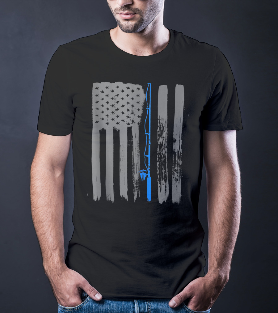 Vintage American Flag Fishing Pole Blue Line T-Shirt