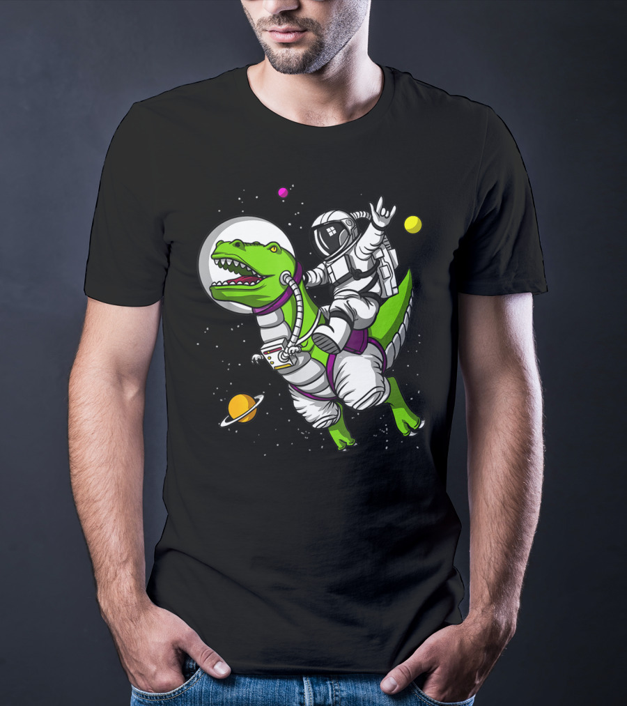 Astronaut Riding TRex Dinosaur In Outer Space With Planets T-Shirt