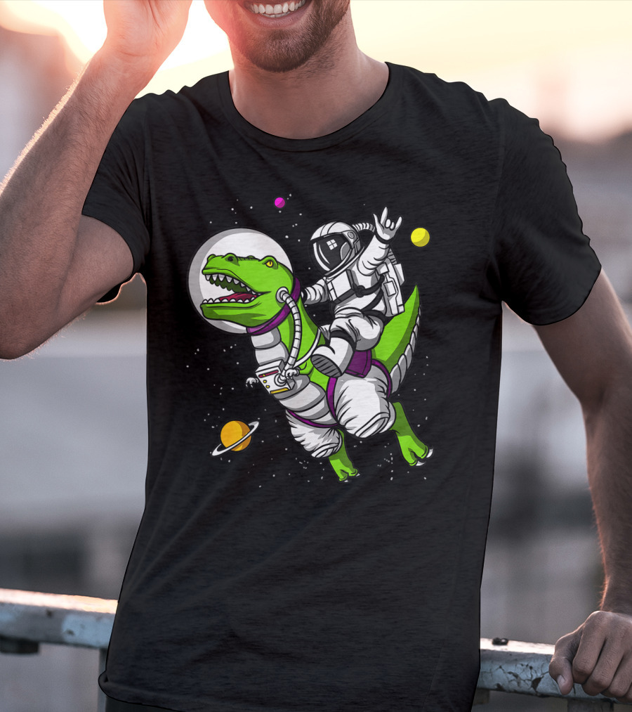 Astronaut Riding TRex Dinosaur In Outer Space With Planets T-Shirt