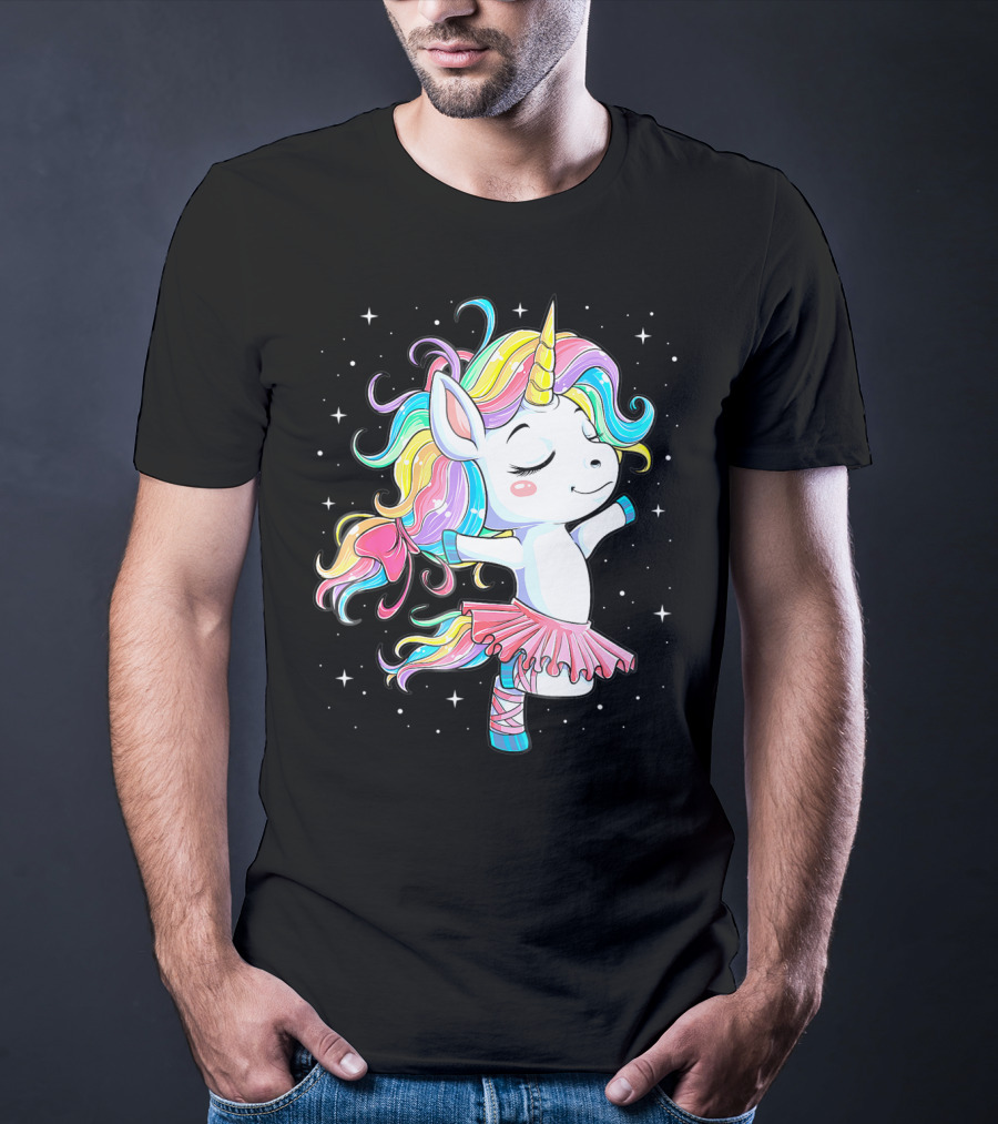 Ballet Dancer Unicorn Kids Girls Rainbow Ballerina Twirling Among Stars T-Shirt
