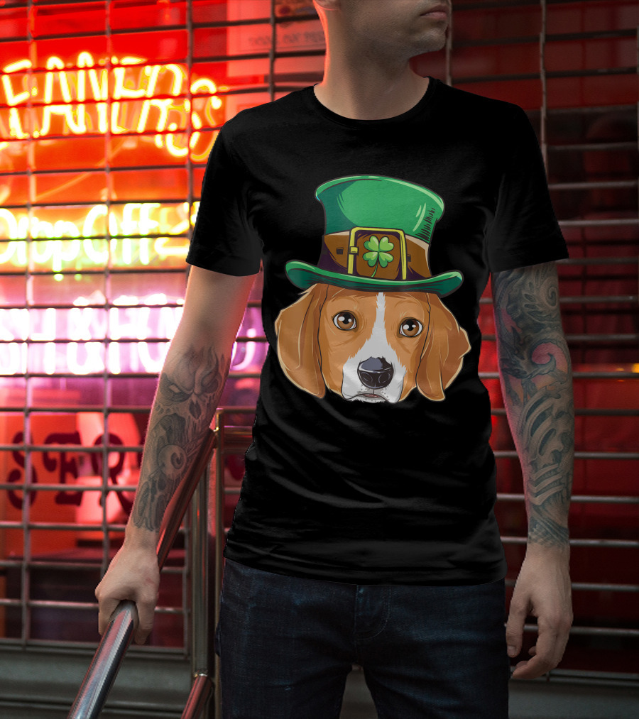 Beagle Wearing Leprechaun Hat With Shamrock T-Shirt