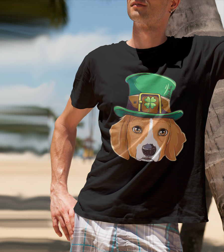 Beagle Wearing Leprechaun Hat With Shamrock T-Shirt
