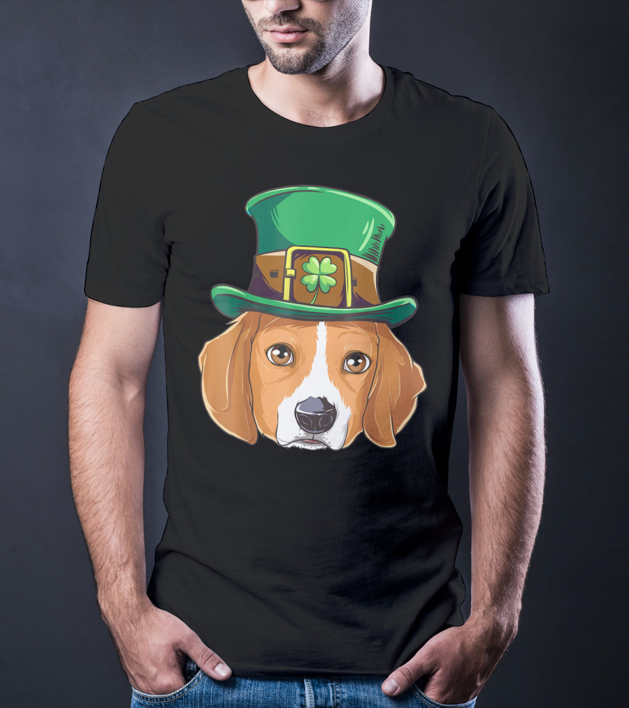 Beagle Wearing Leprechaun Hat With Shamrock T-Shirt