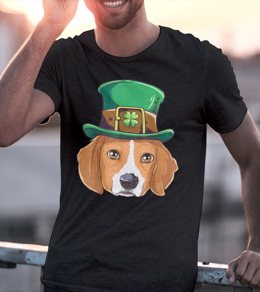 Beagle Wearing Leprechaun Hat With Shamrock T-Shirt