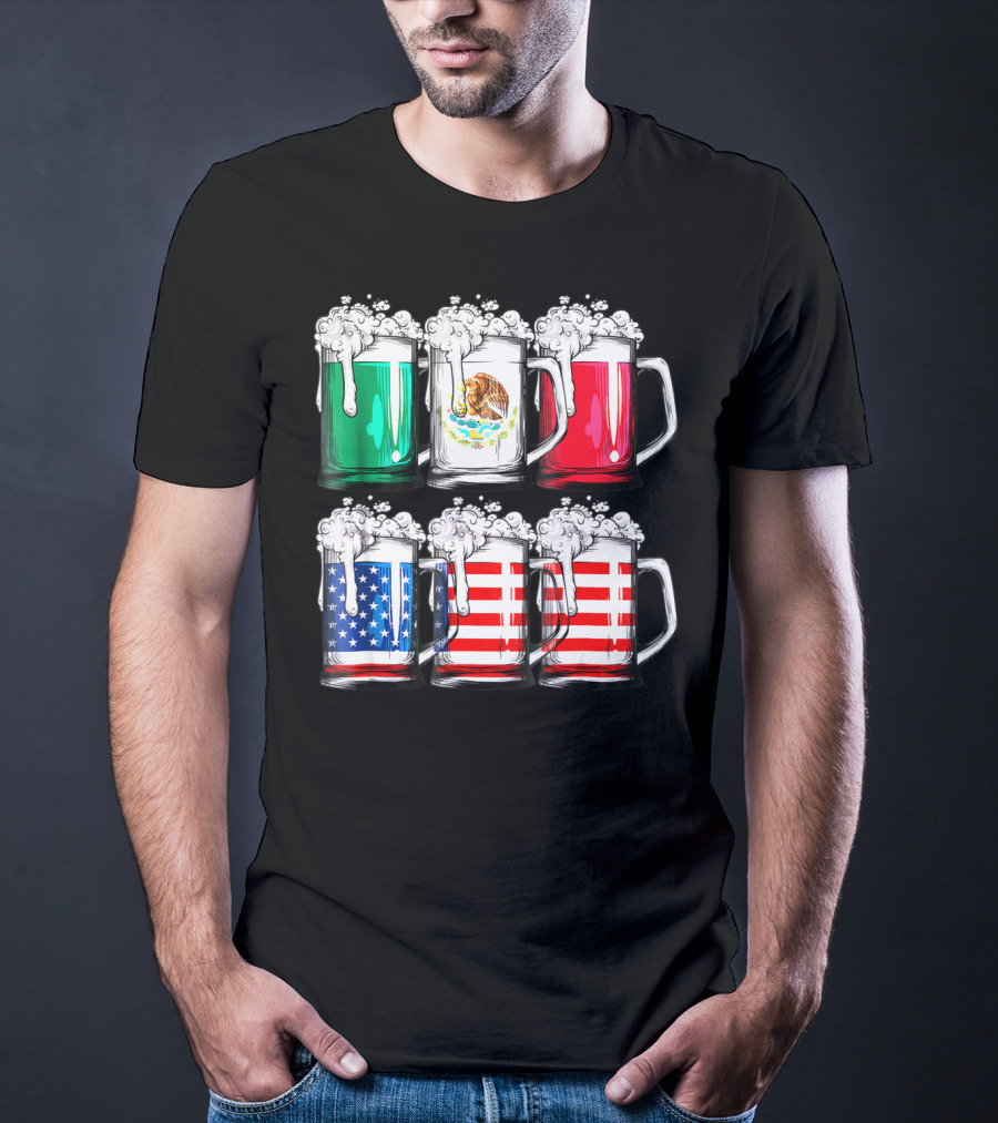 Beer Mugs Mexican American Flags Cinco De Mayo T-Shirt