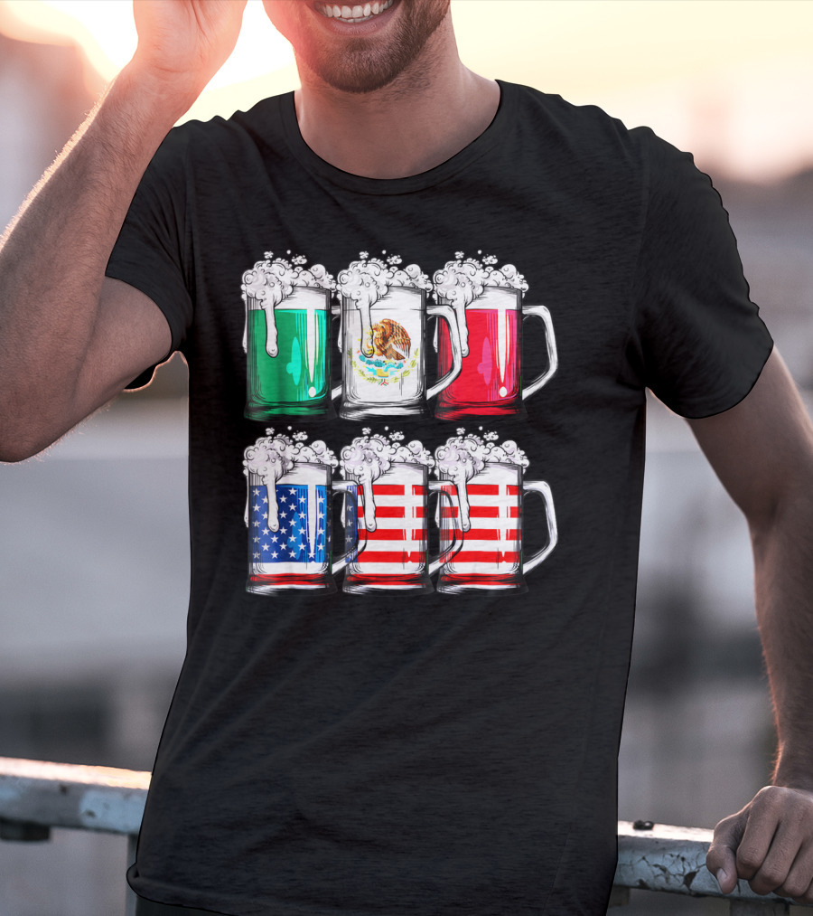 Beer Mugs Mexican American Flags Cinco De Mayo T-Shirt