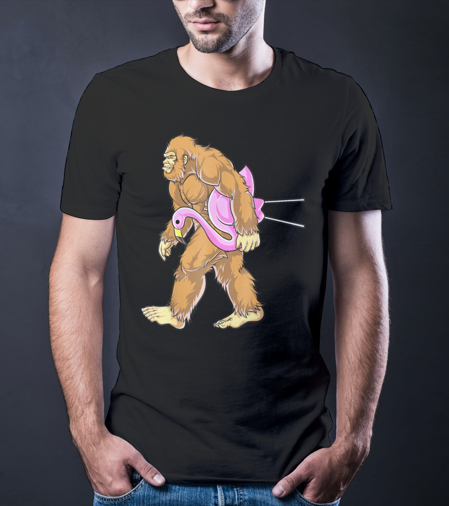 Bigfoot Carrying Pink Lawn Flamingo Humorous Sasquatch Image T-Shirt